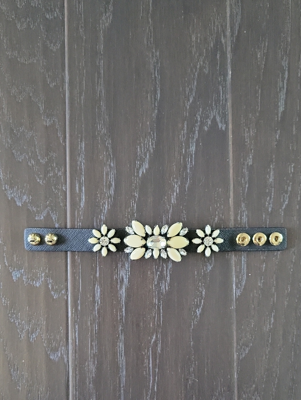 Black Floral Crystal Snap Bracelet - Cream Accents